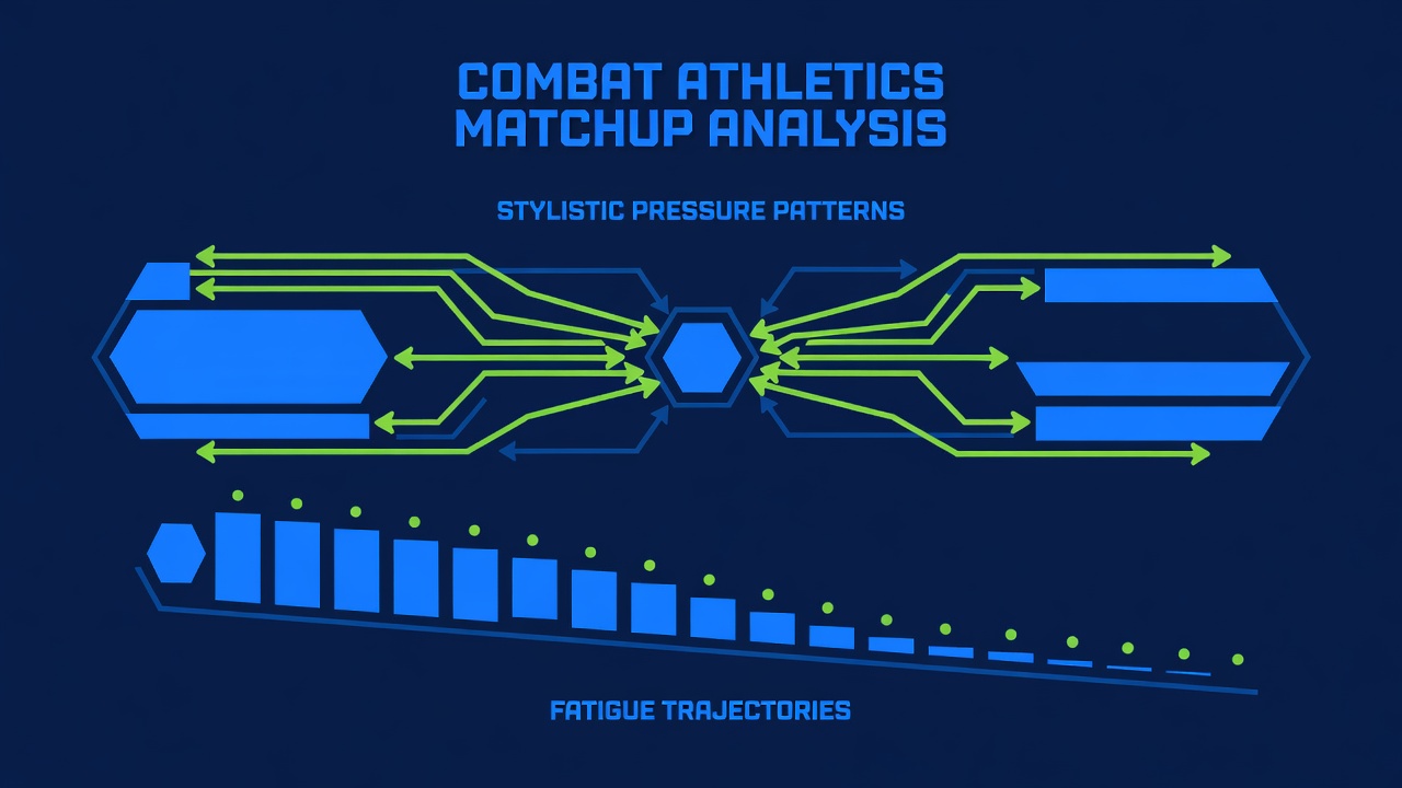 Combat athletics matchup analysis showing stylistic pressure patterns and fatigue trajectories