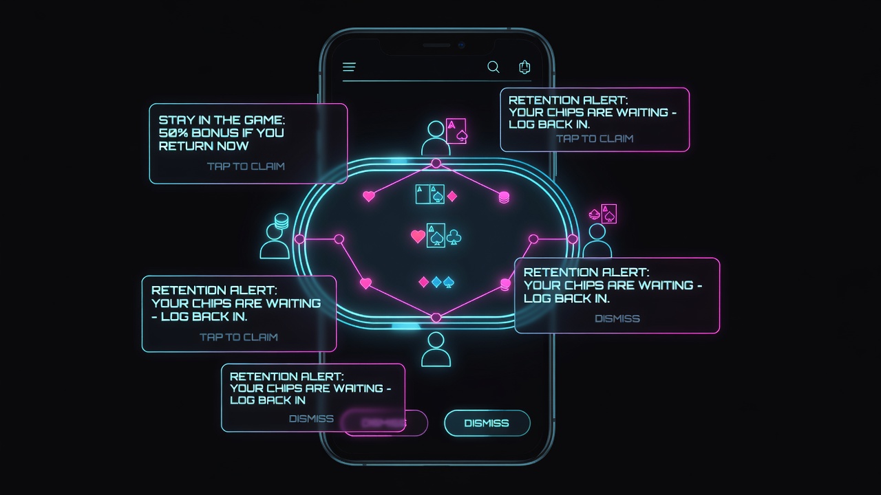 smartphone screen displaying poker app interface with overlay of retention notifications