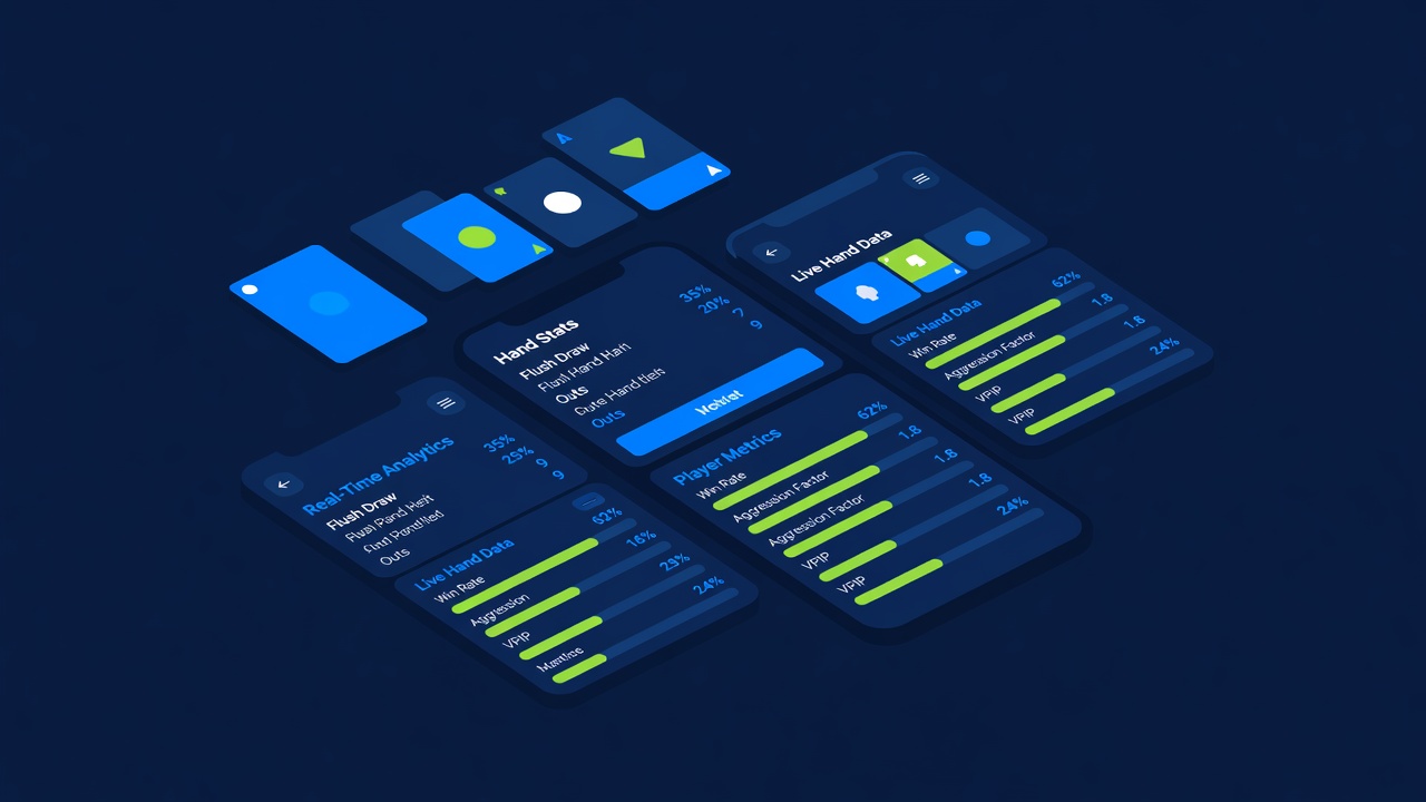 Poker mobile app interface showing real-time hand statistics and player metrics