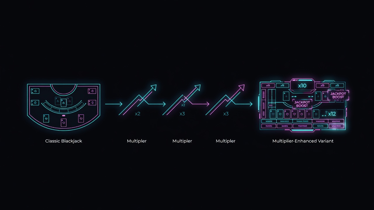 Live game interface evolution showing progression from classic blackjack to multiplier-enhanced variants