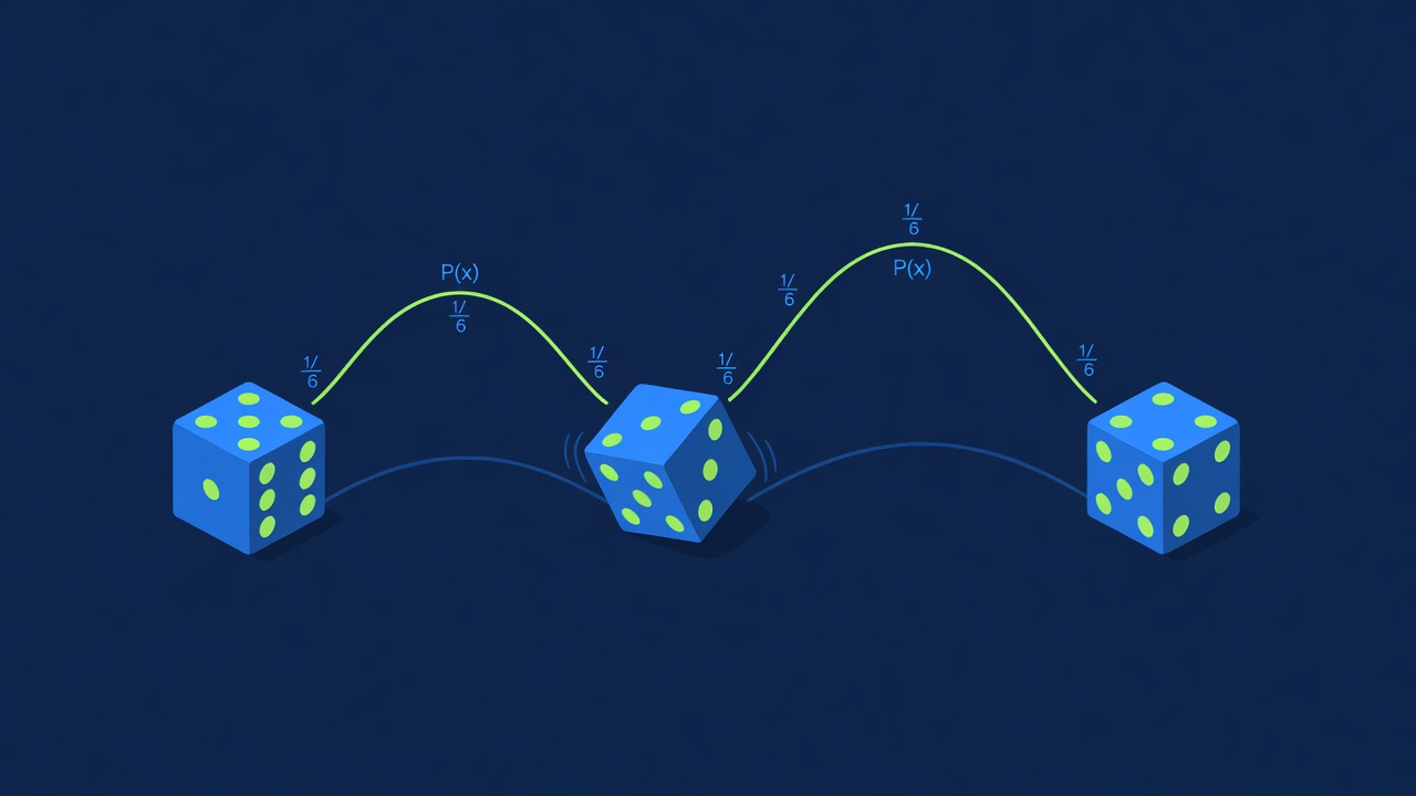 Dice rolling sequence with mathematical probability curve overlay