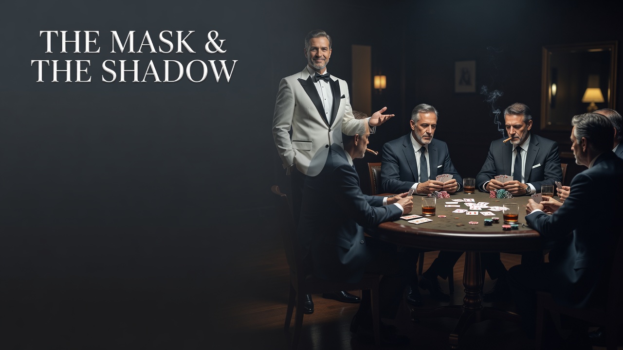 public celebrity persona fading to reveal private card room activity in shadows