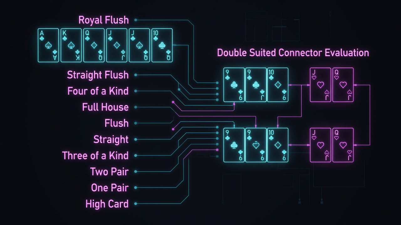 Pot limit Omaha hand ranking hierarchy with double suited connector evaluation