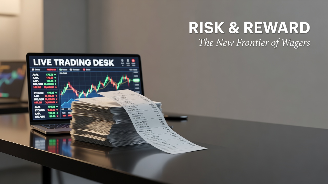 stack of printed betting slips beside a glowing trading terminal screen