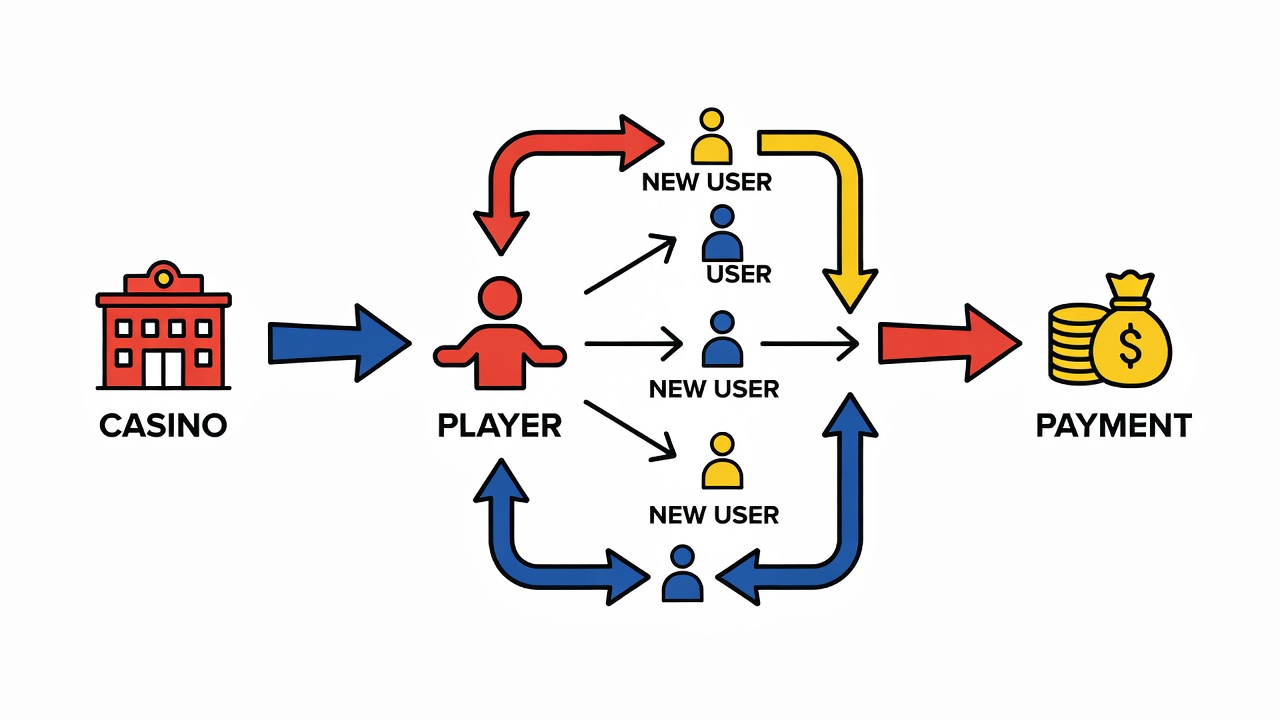 Recruitment incentive diagram showing casino payment flow to player for bringing new users