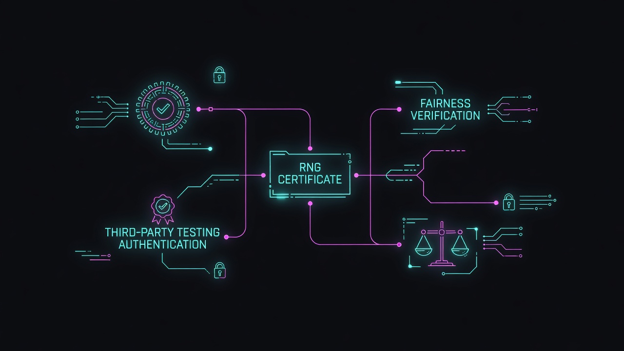 RNG certificate validation procedure with third-party testing authentication and fairness verification