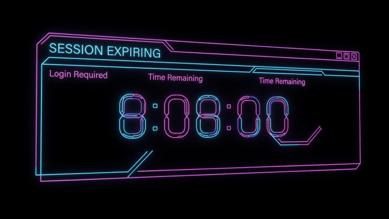 Browser login session expiring with countdown timer visualization on dark screen display