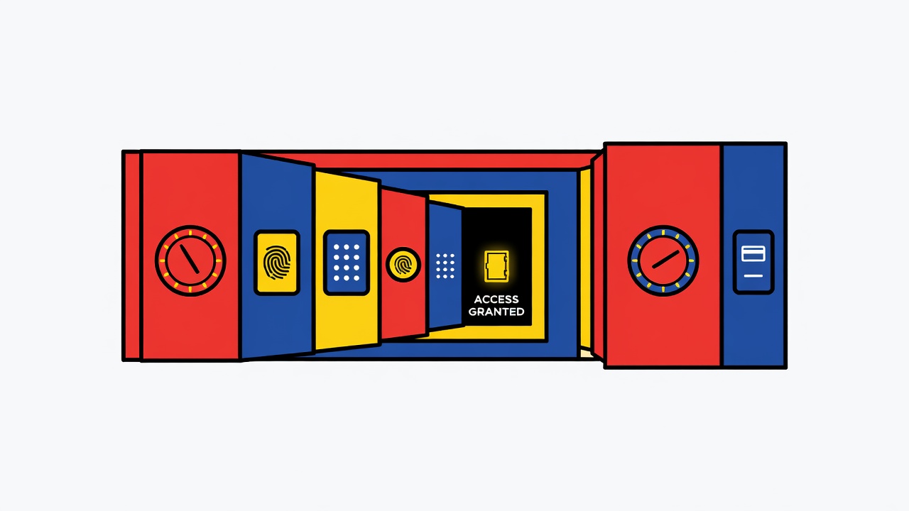 bank vault security mechanism with account access through layered authentication gates visible