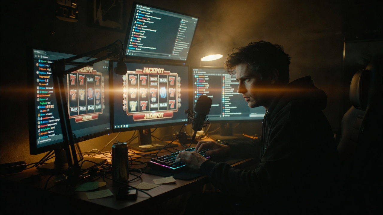 streamer at desk with multiple monitors showing slot reels and chat overlay