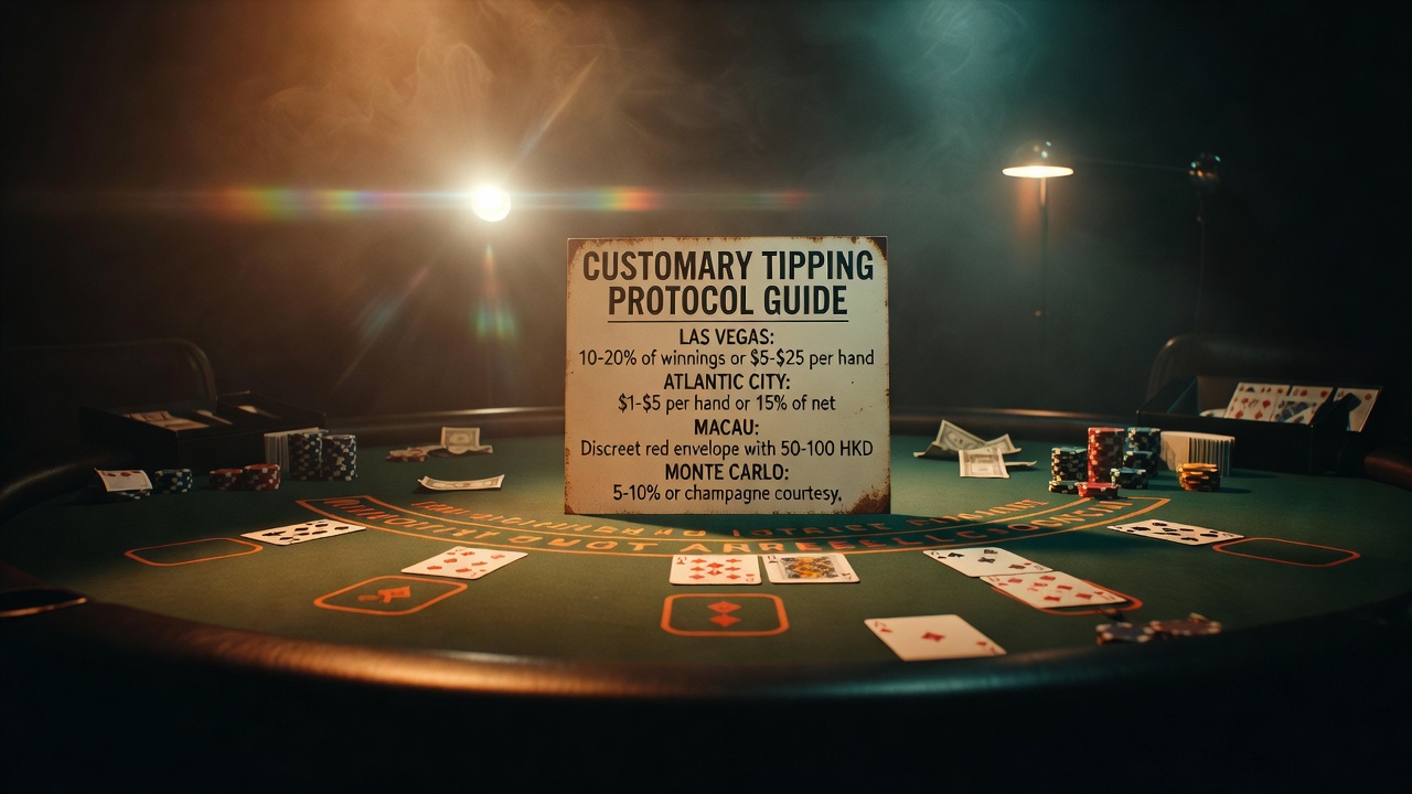 Blackjack table with customary tipping protocol guide and regional payment expectation variations shown