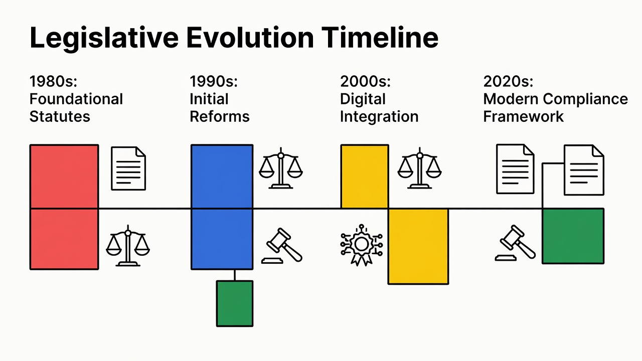 Legislative document transition timeline showing regulatory framework evolution across decades