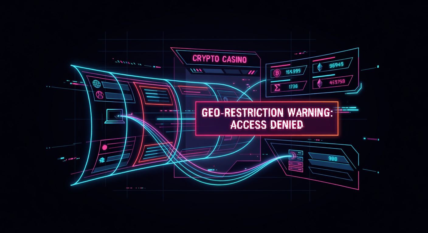VPN tunnel graphic overlaid on crypto casino interface with geo-restriction warning