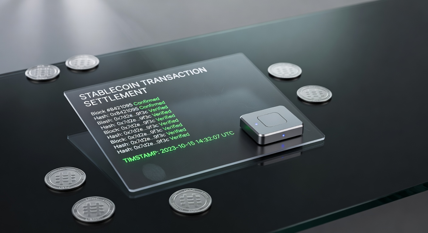 Stablecoin transaction settlement with blockchain confirmation timestamp display