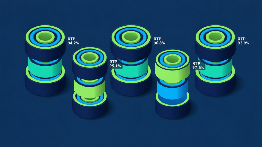 five reel strips with multiple RTP percentage labels