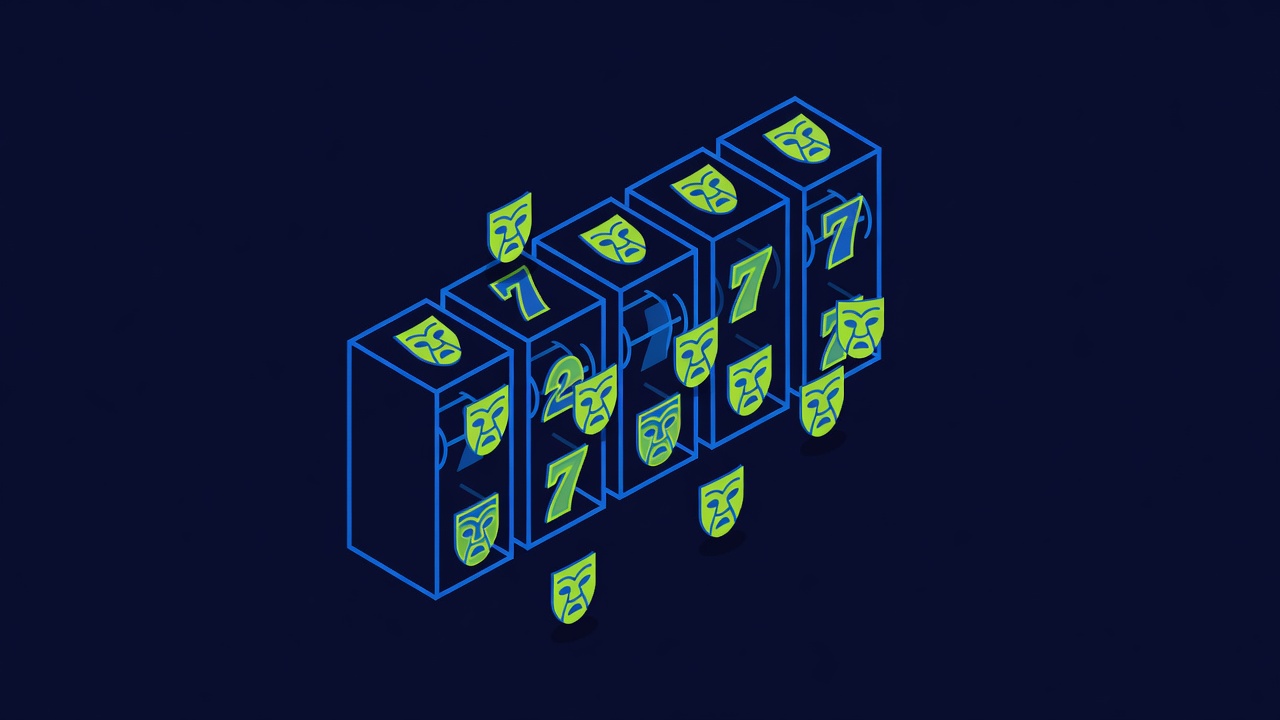 five staggered reels with falling mask symbols in cascade sequence