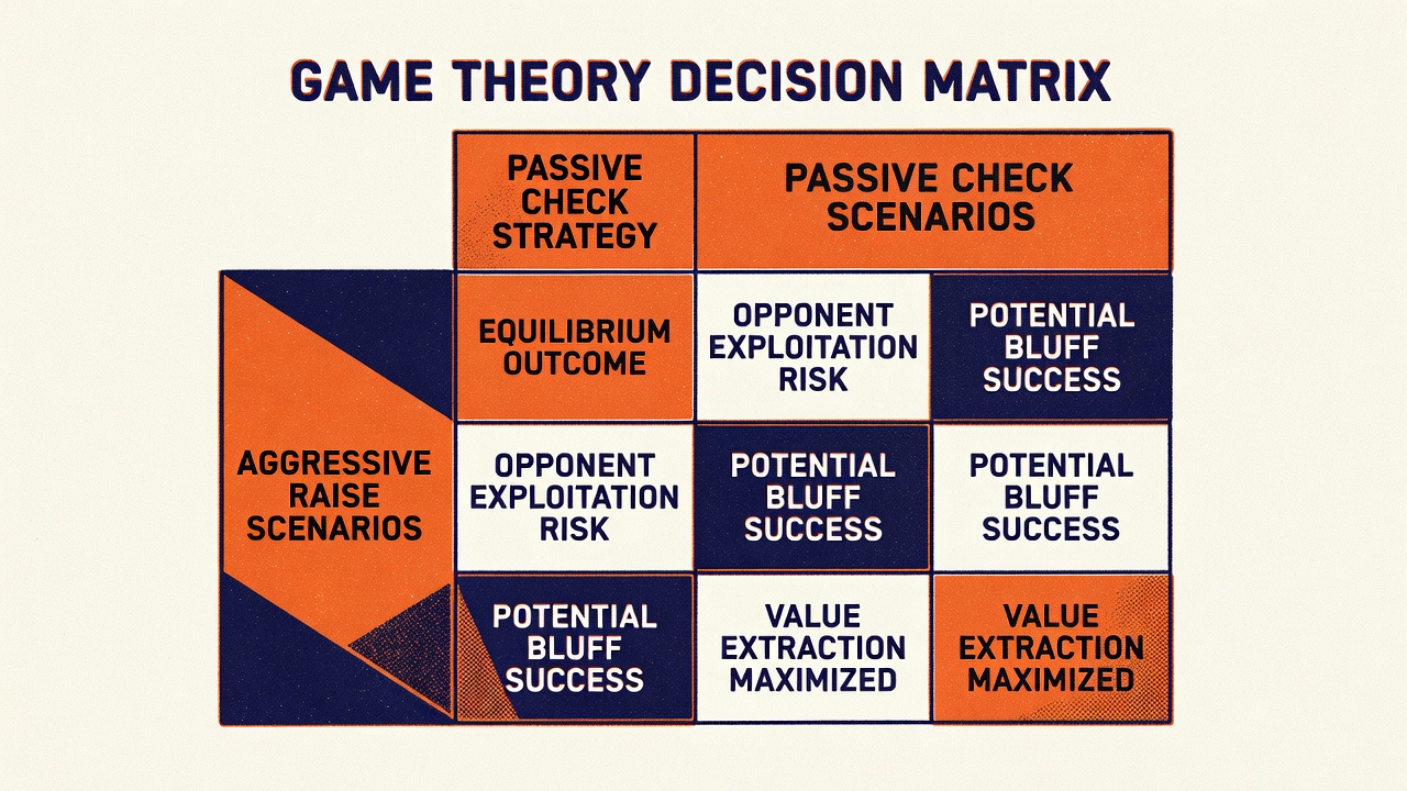 game theory decision matrix table comparing passive check strategy against aggressive raise scenarios analytically