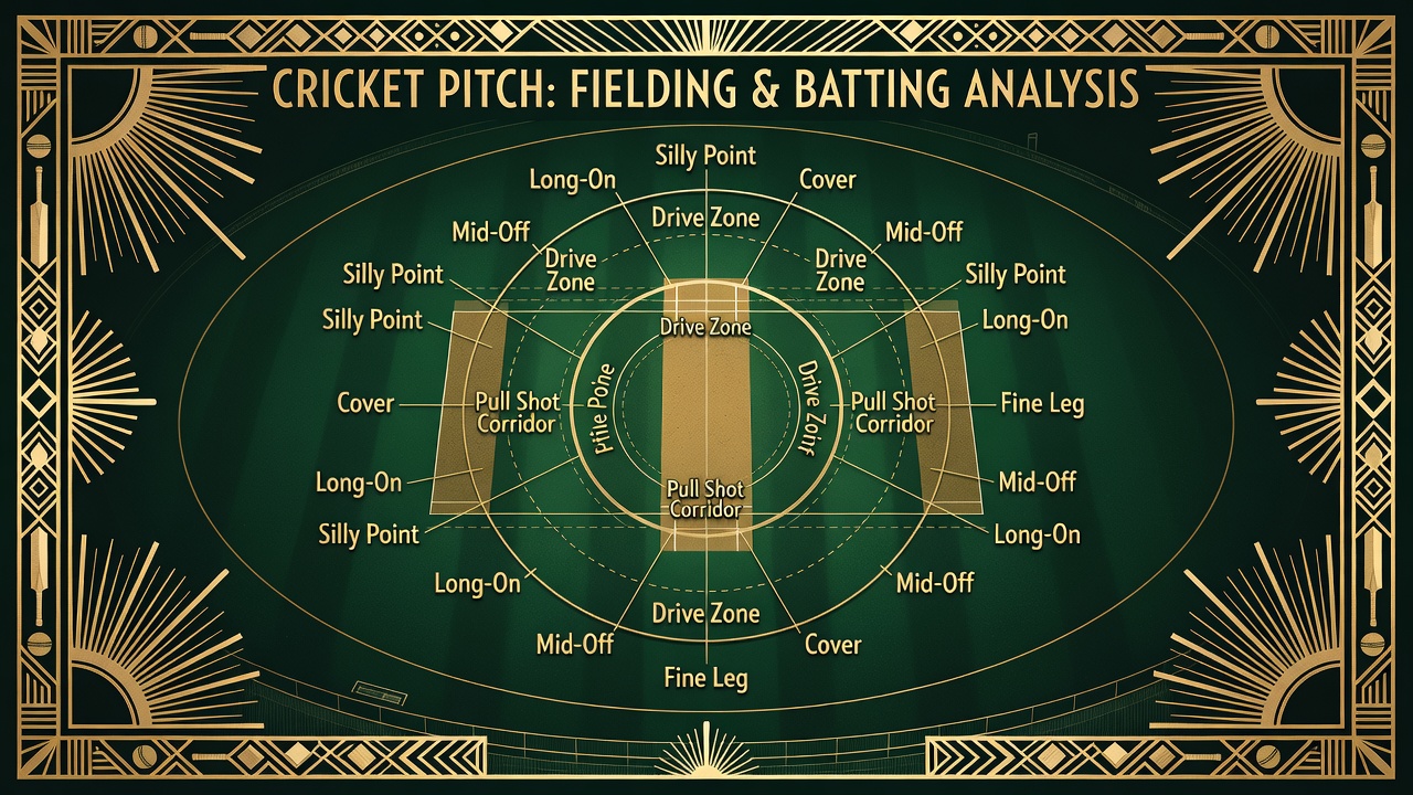 cricket pitch overhead view with fielding positions and batting zone analysis markings overlaid systematically