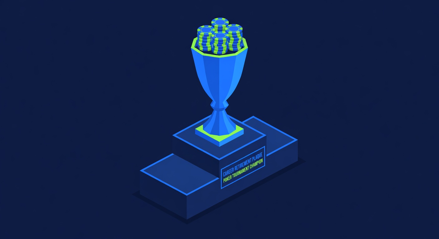 poker tournament trophy on a championship podium with career retirement plaque and chip crown