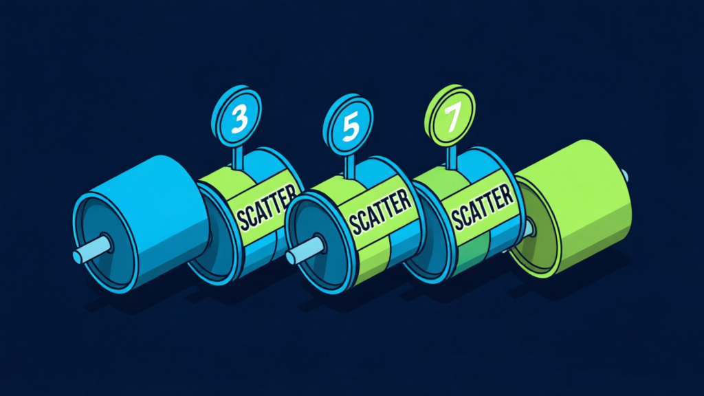 five reels with highlighted scatter symbols and frequency numbers floating above