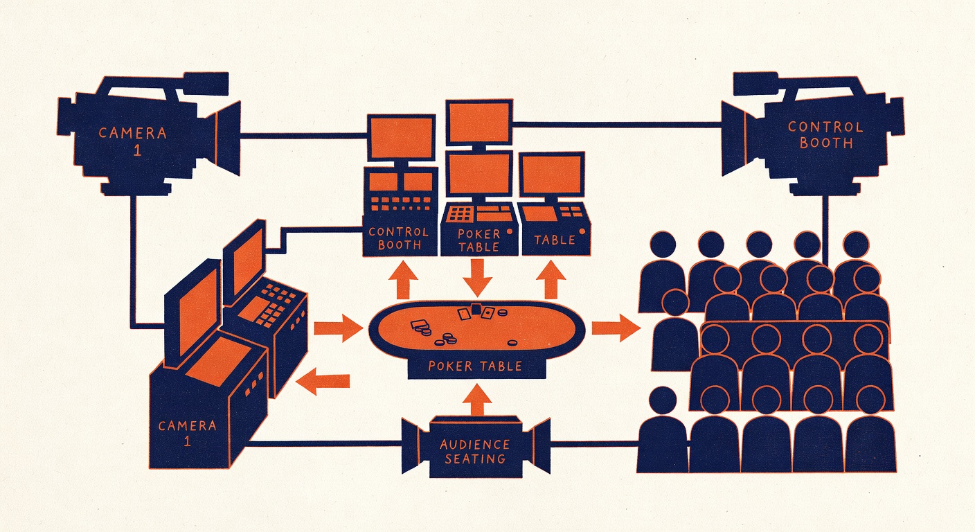 Poker tournament broadcast equipment and viewing audience setup diagram