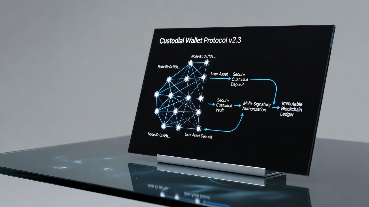 custodial wallet protocol diagram with blockchain node connections and asset transfer pathway flowchart