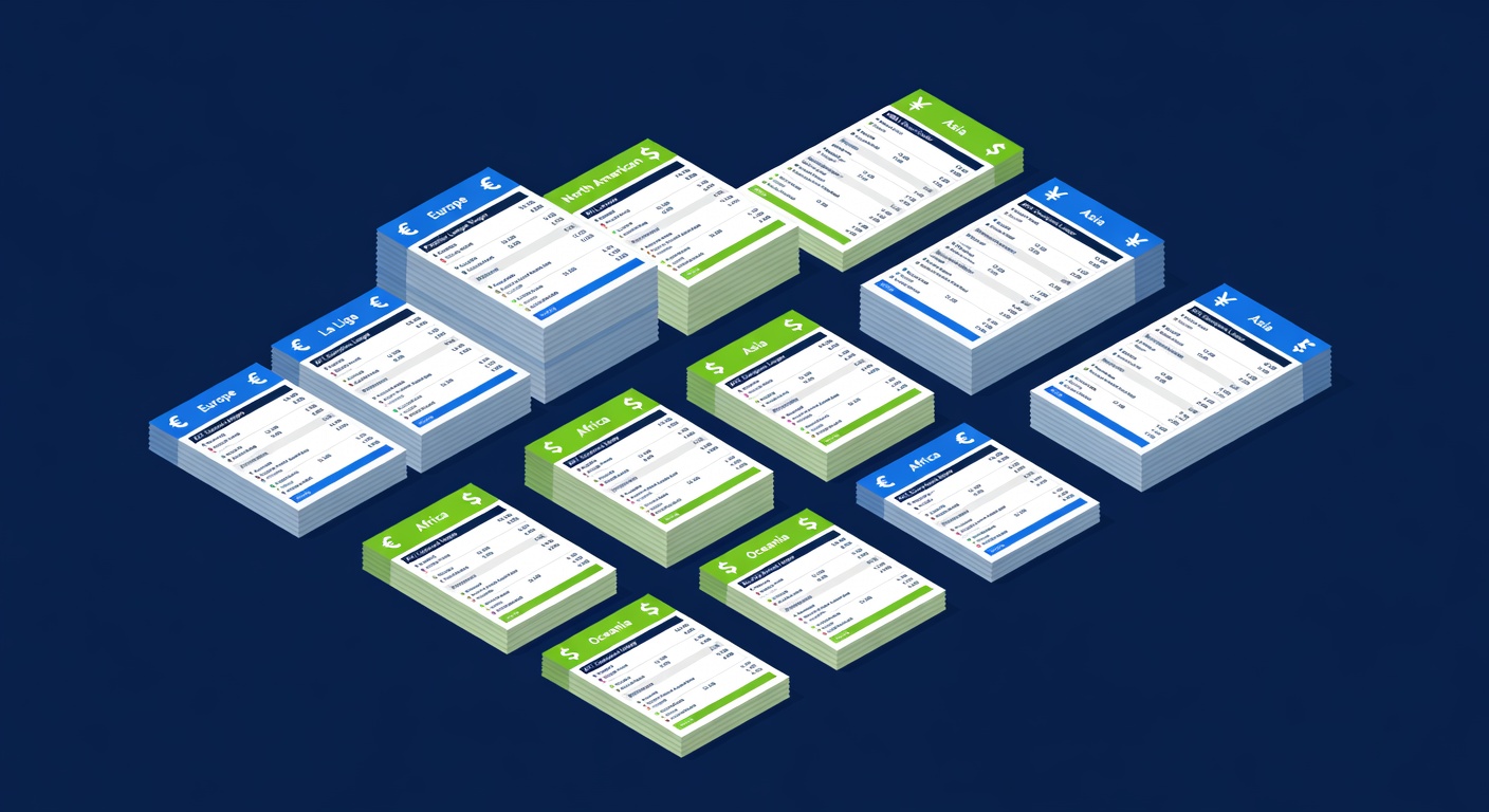 Stack of international betting slips arranged by region and currency