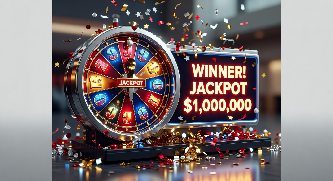 slot machine jackpot wheel at maximum display with winner announcement board and confetti scattered around