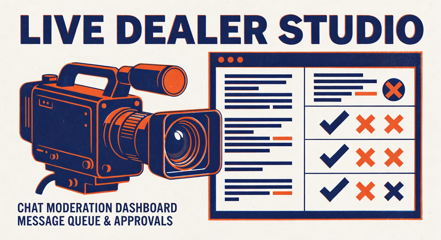 live dealer studio camera and chat moderation dashboard with message queue and approval icons
