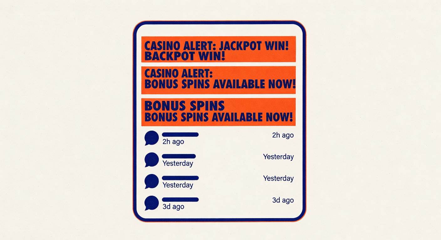 smartphone notification panel showing casino alert banners and message inbox with timing indicators visible