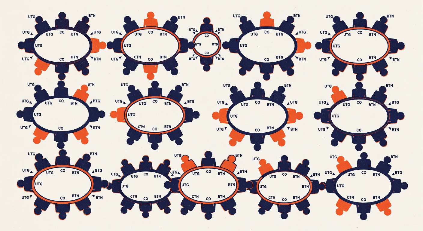 multi-table poker session layout showing simultaneous game windows with position indicator notation tracked