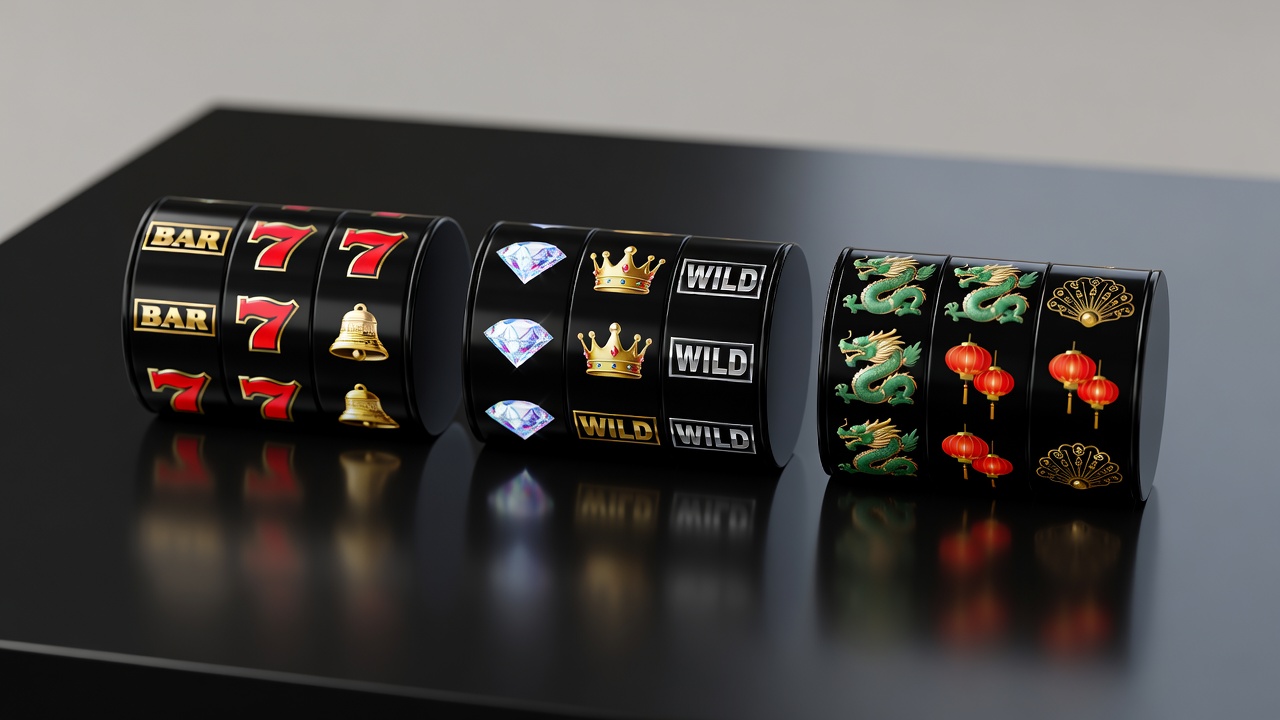 three slot reels showing paytable symbols from different providers