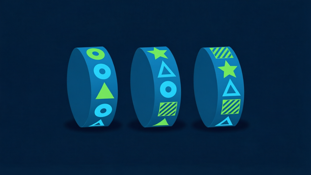 three slot reels side by side showing different symbol strip lengths