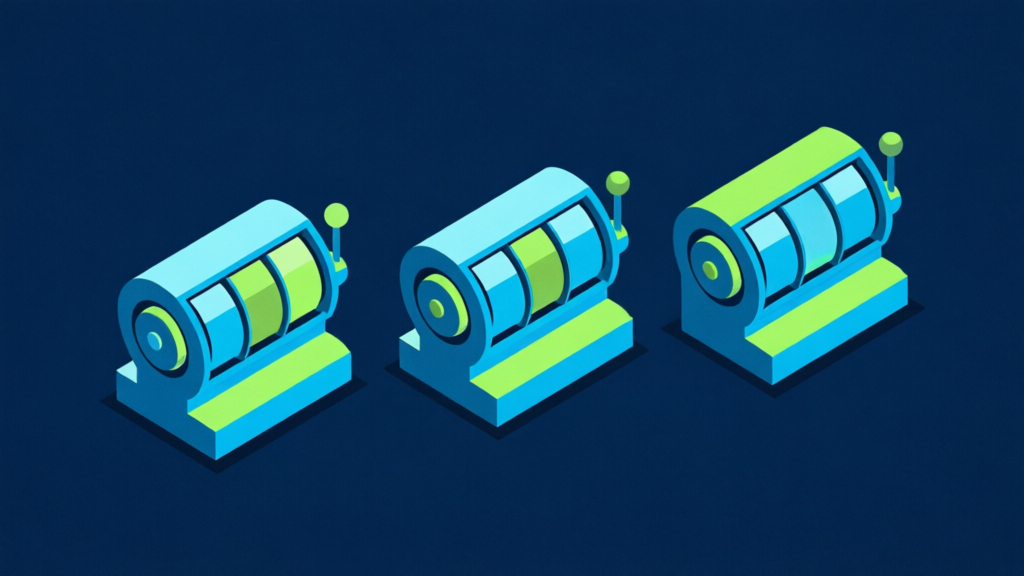 three slot machine reels of different lengths side by side