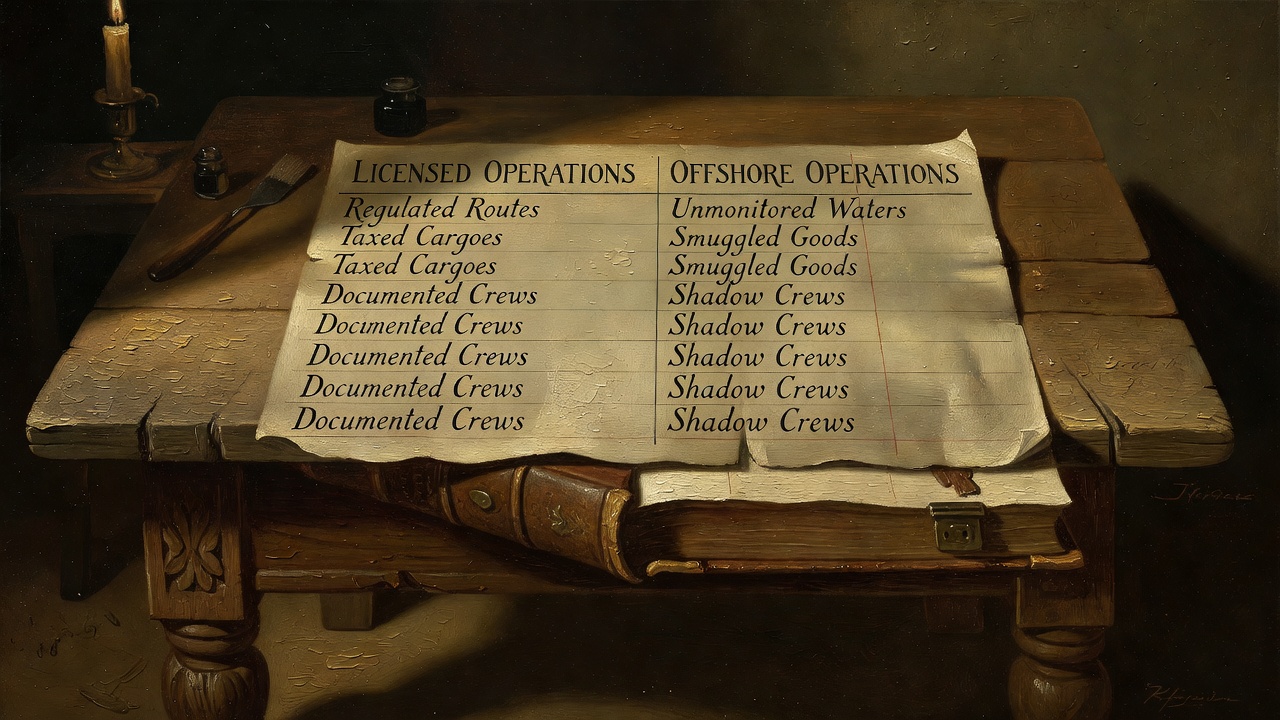 comparative ledger table showing licensed versus offshore operational differences in columnar format