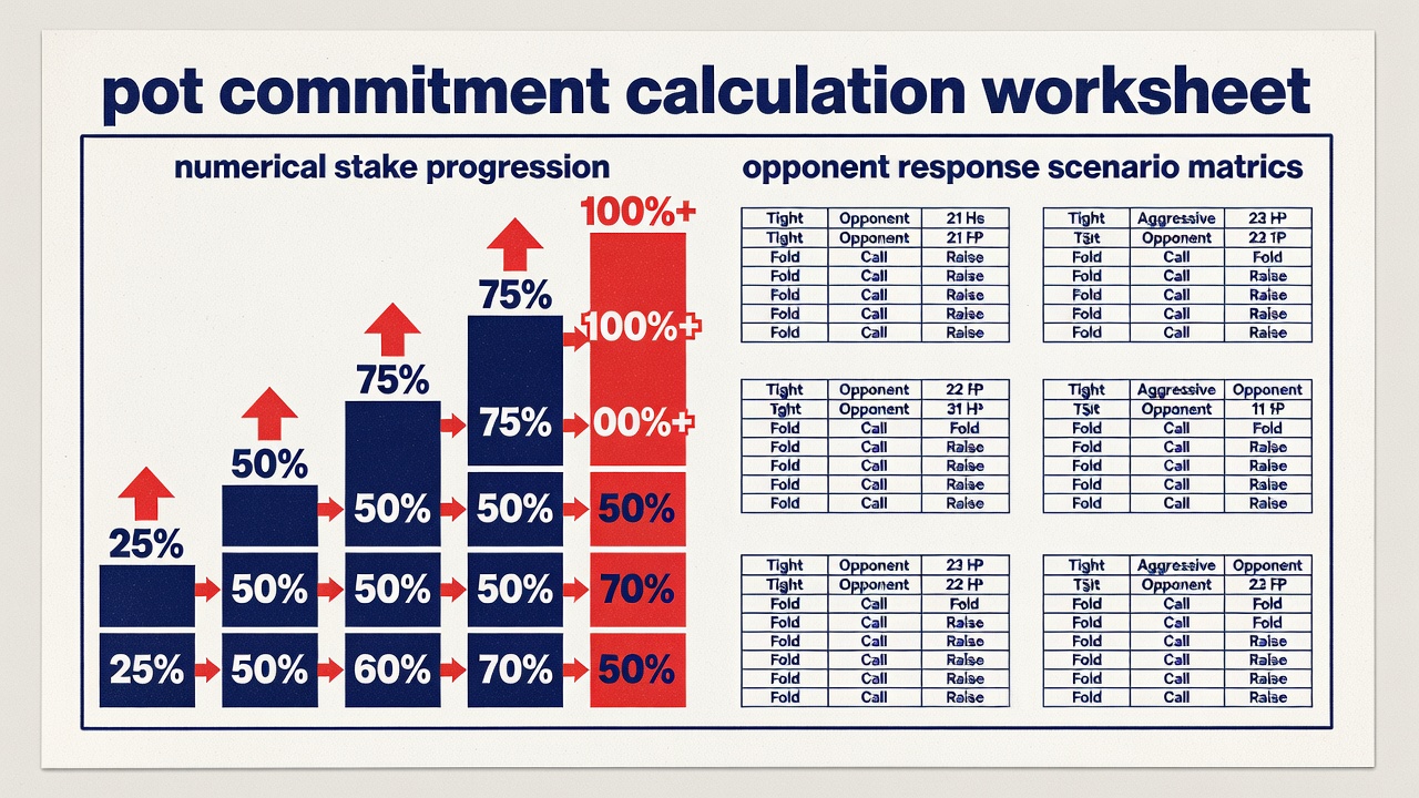 pot commitment calculation worksheet with numerical stake progression and opponent response scenario matrices