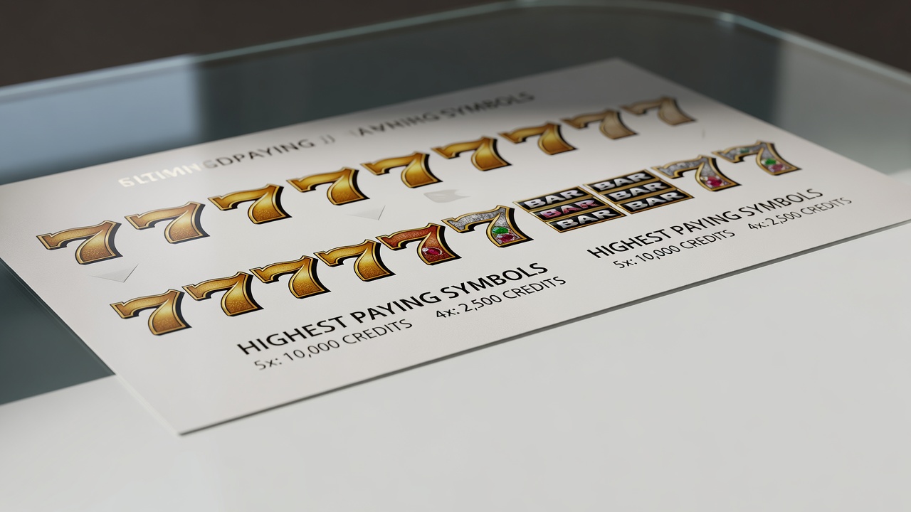 close-up of a printed slot paytable showing the highest paying symbol row