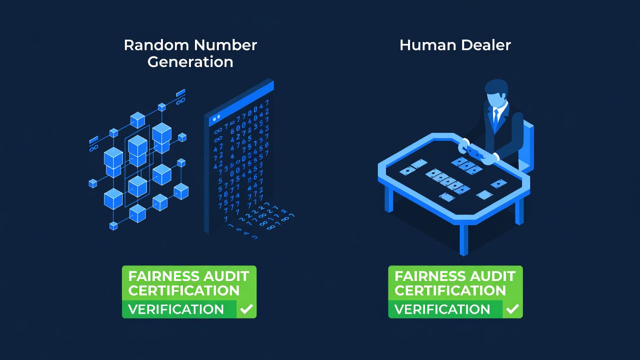 random number generation versus human dealer comparison chart showing fairness audit certification and verification