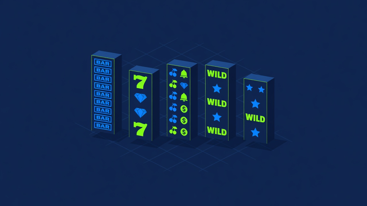 five slot reels with varying symbol counts on a grid