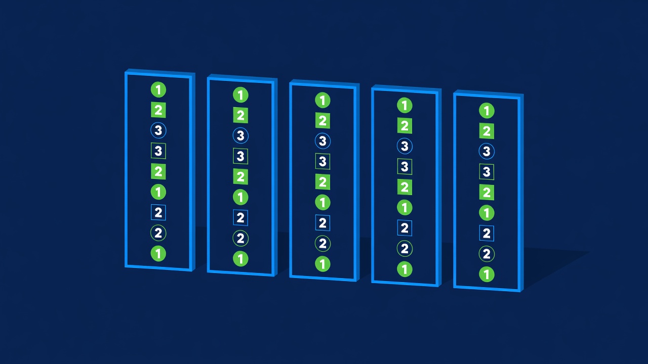five vertical reel strips with numbered symbol positions of varying lengths