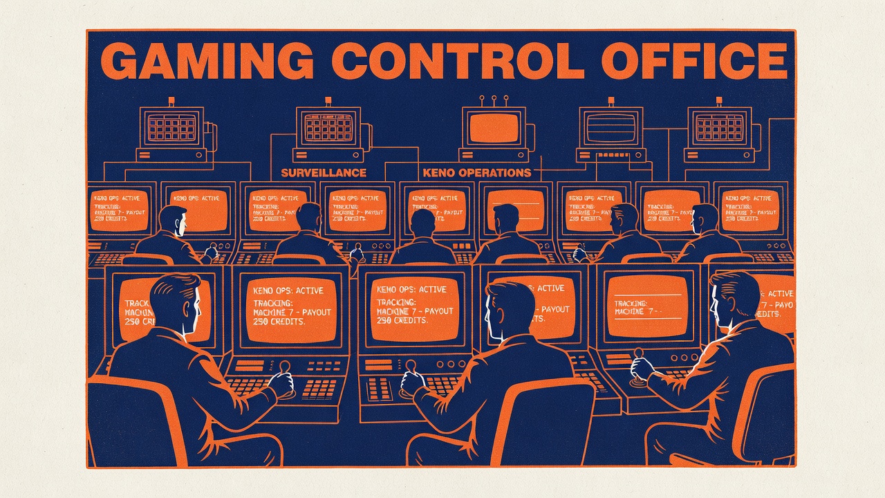 Gaming control office with surveillance monitors tracking keno machine operations