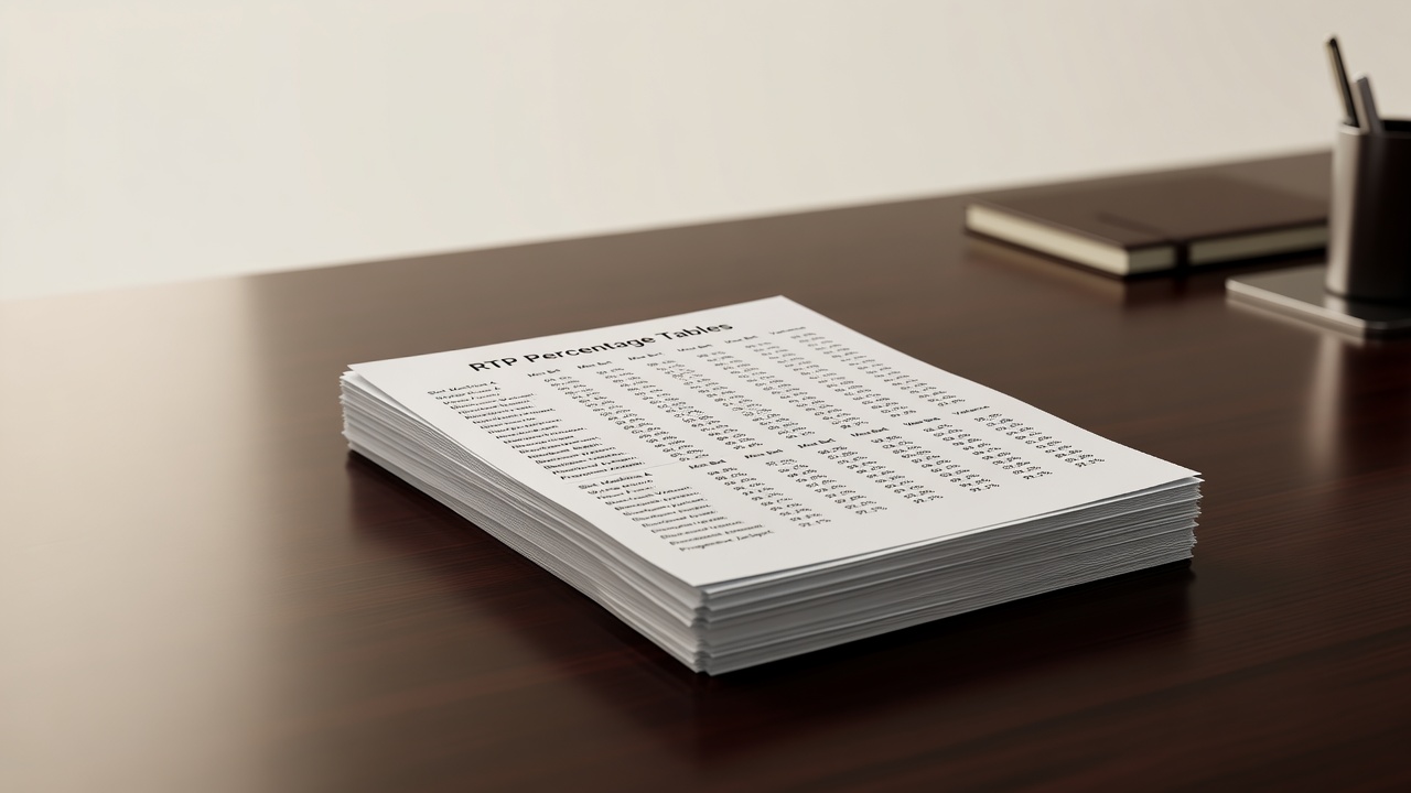 stacked printed RTP percentage tables on a dark wooden desk