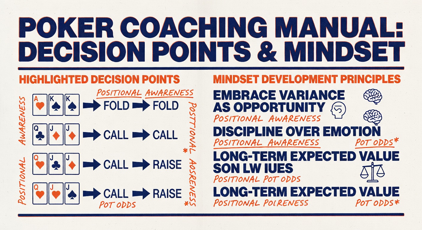 poker coaching manual page with highlighted decision points and mindset development principles annotated throughout