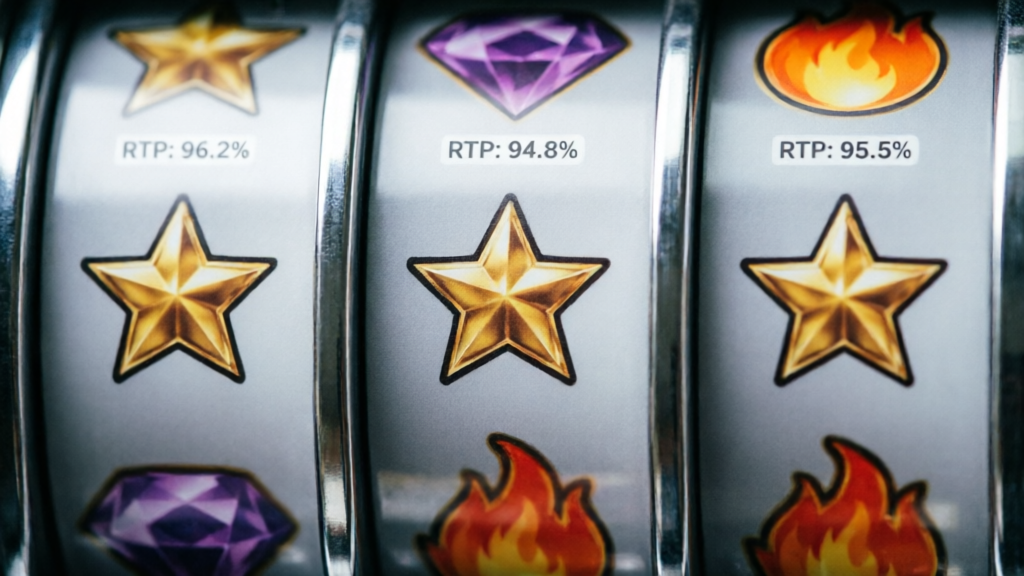 close-up of slot reels with scatter symbols and overlaid RTP percentages