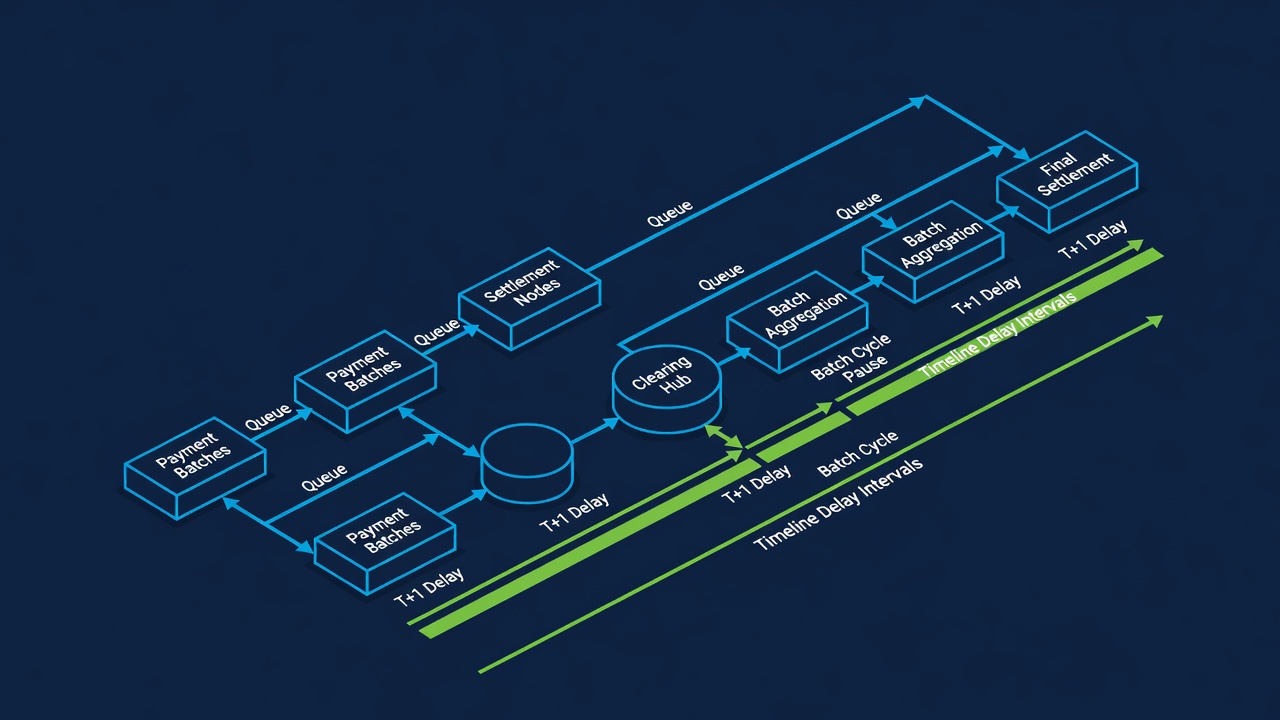 payment processing queue diagram illustrating settlement batch cycles and timeline delay intervals marked
