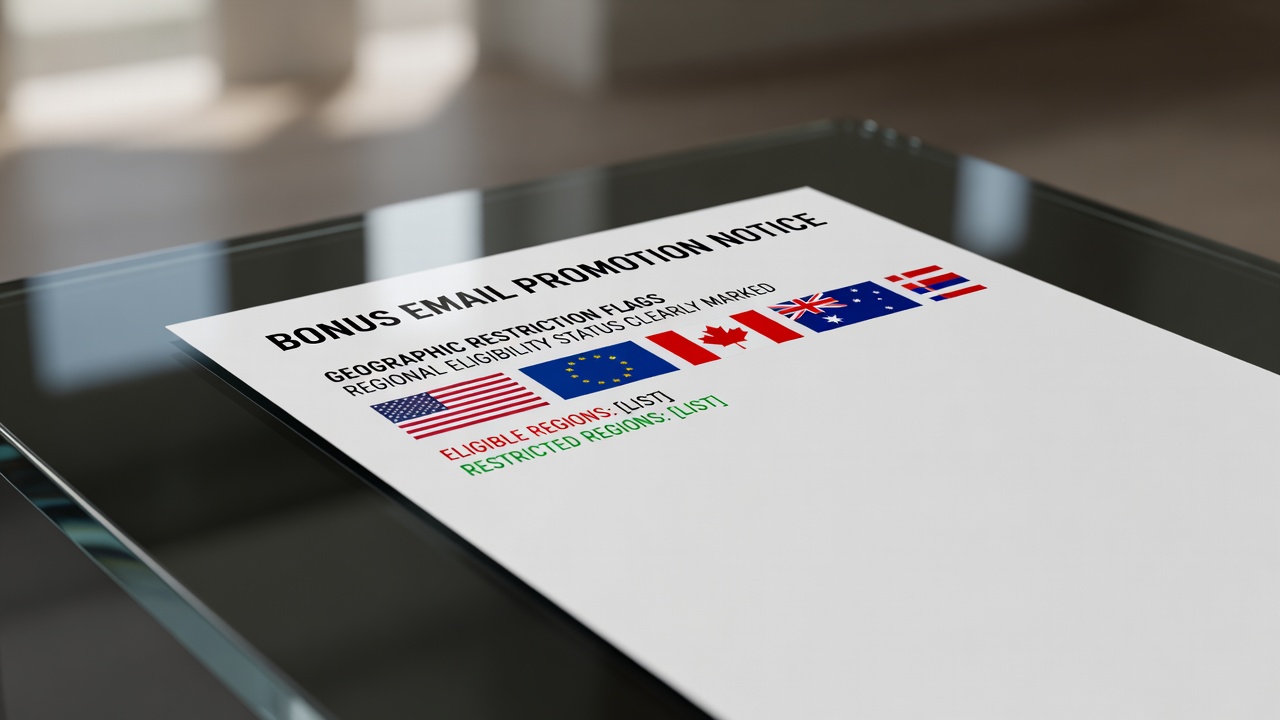 bonus email promotion notice displaying geographic restriction flags and regional eligibility status clearly marked