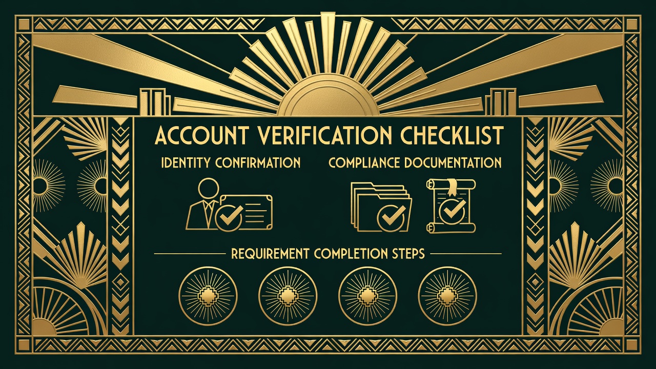 account verification checklist showing identity confirmation and compliance documentation requirement completion steps