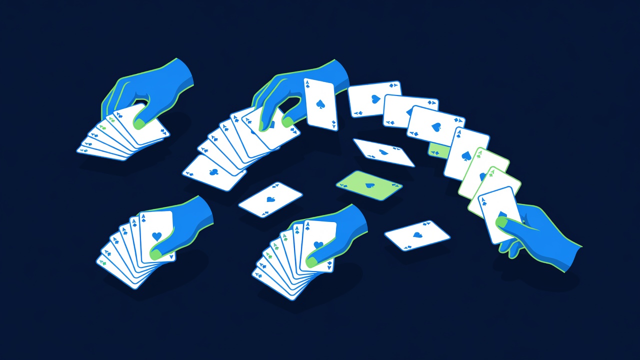 rapid-fire card dealing sequence showing overlapping hand positions during accelerated play conditions captured