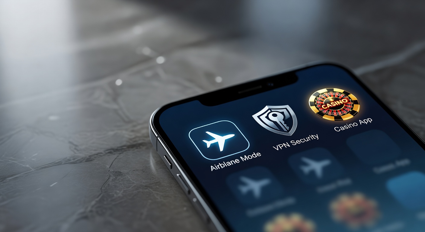 Airplane mode icon with VPN security symbol and casino app