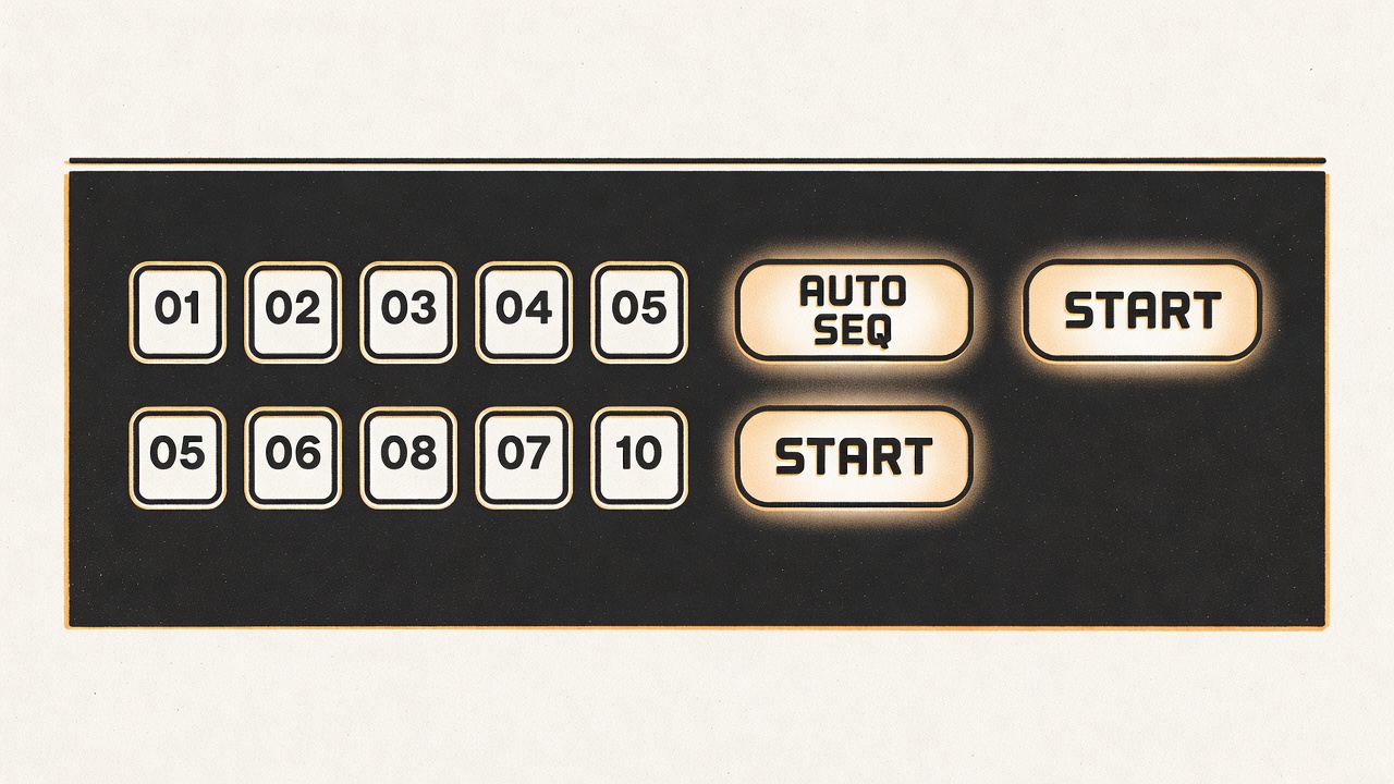 a control interface panel with preset number inputs and automatic sequence buttons glowing softly