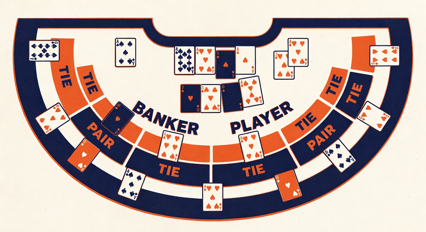 Baccarat table layout with playing cards and dealt hands